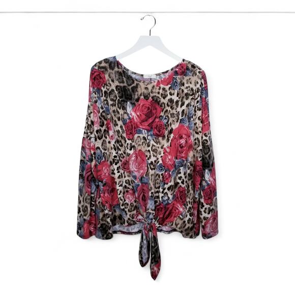 EASEL los angeles Roses Floral Animal Print Pullover Tie-Front Tunic Top Size M - Picture 2 of 7
